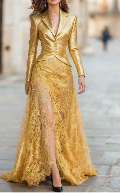 Elegant Tailored Blazer Panel Lace Gown