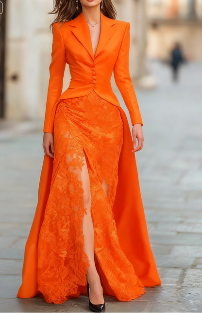 Elegant Tailored Blazer Panel Lace Gown