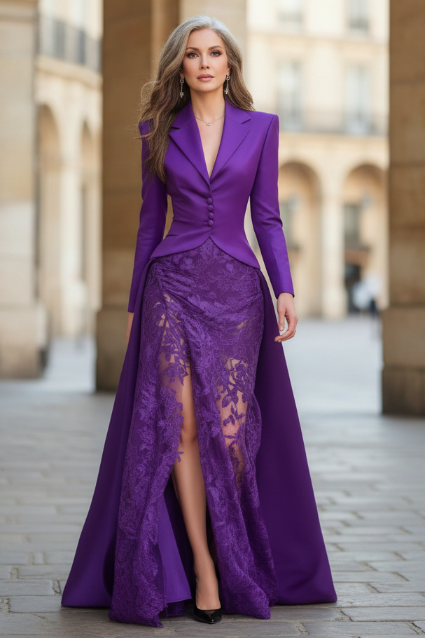 Elegant Tailored Blazer Panel Lace Gown