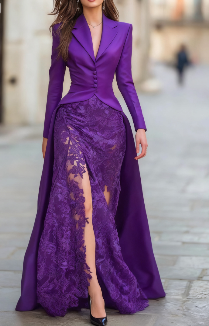 Elegant Tailored Blazer Panel Lace Gown