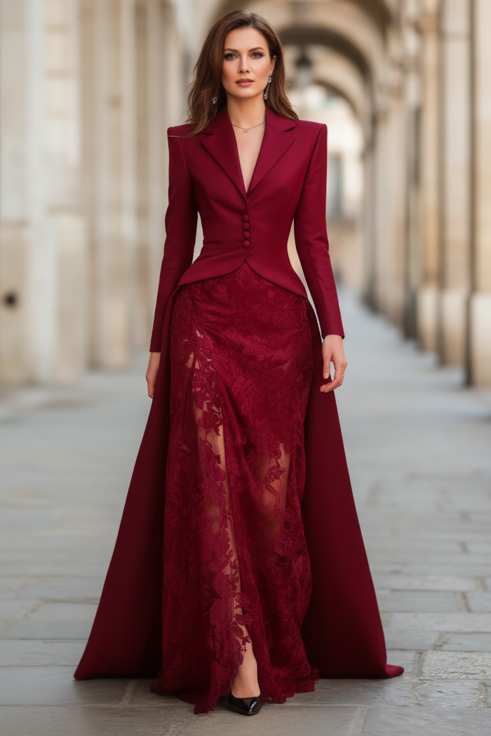Elegant Tailored Blazer Panel Lace Gown – VOS LEE Elegant Tailored Blazer Panel Lace Gown – VOS LEE