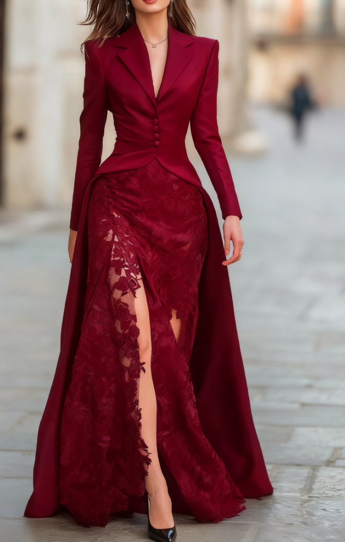 Elegant Tailored Blazer Panel Lace Gown