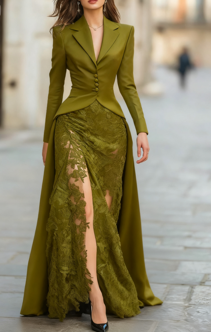 Elegant Tailored Blazer Panel Lace Gown