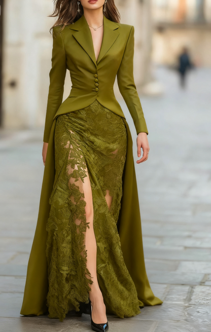 Elegant Tailored Blazer Panel Lace Gown