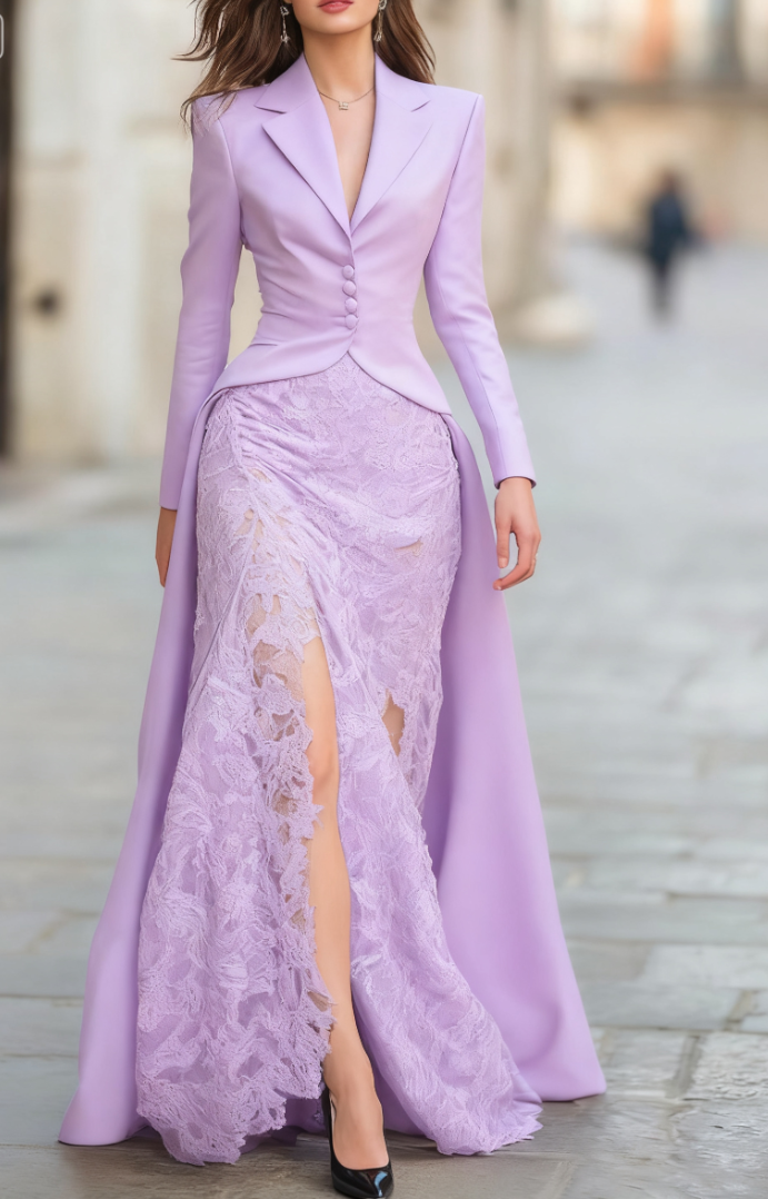 Elegant Tailored Blazer Panel Lace Gown