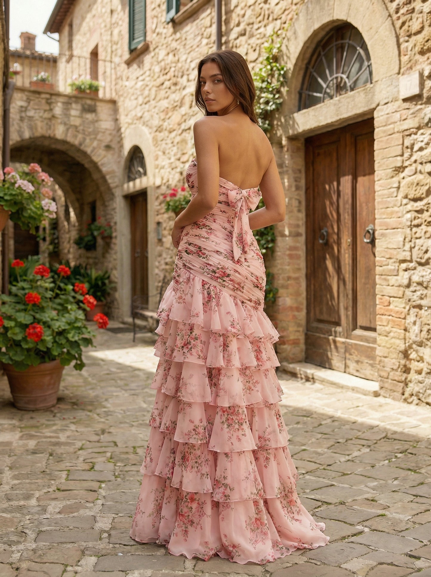 Pink Floral Strapless Prom Dress | Ruffled Tiered Maxi Gown for Spring Weddings