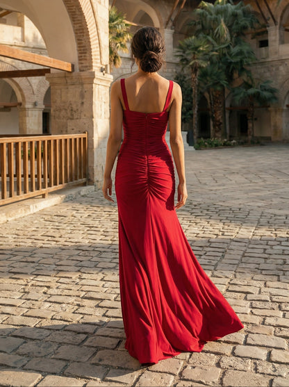 Square Neck Red Prom Maxi Dress | Stretchy & Slim Fit for Special Occasions