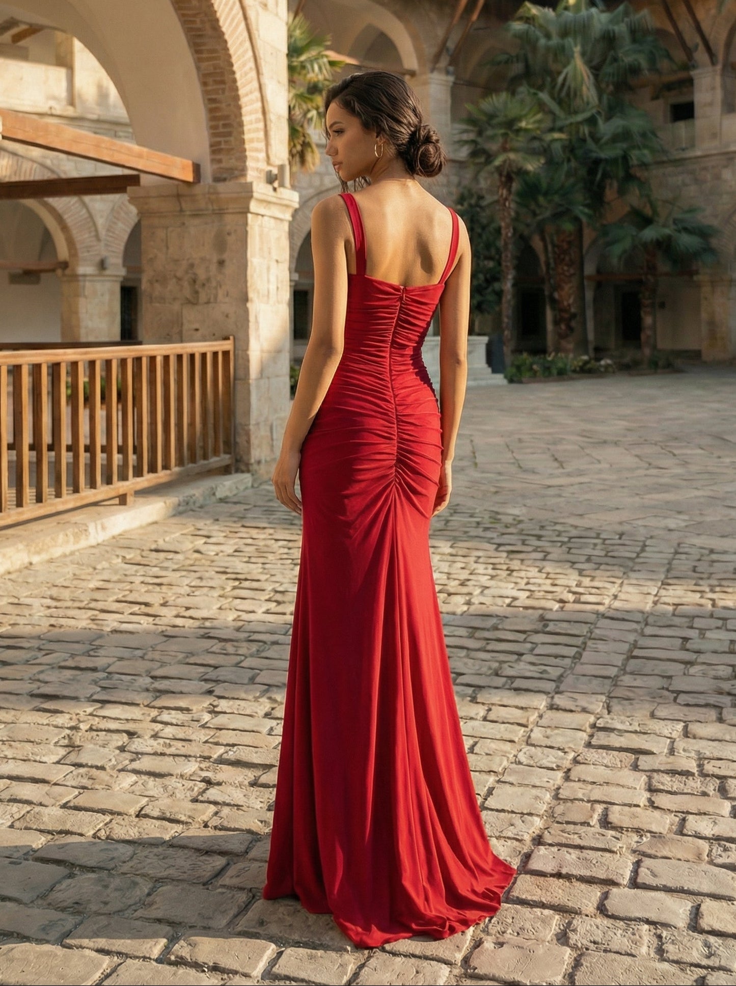 Square Neck Red Prom Maxi Dress | Stretchy & Slim Fit for Special Occasions