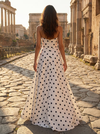 Vintage White Polka Dot Prom Dress | High Slit Bow Front Evening Gown