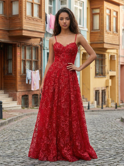 Red Spaghetti Strap Prom  Gown | A-Line Floral Embroidery Evening Dress