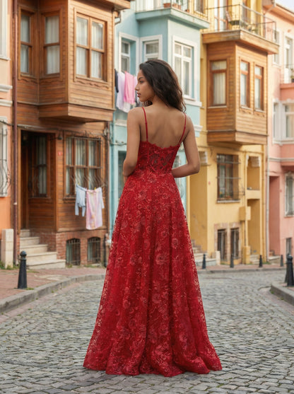 Red Spaghetti Strap Prom  Gown | A-Line Floral Embroidery Evening Dress