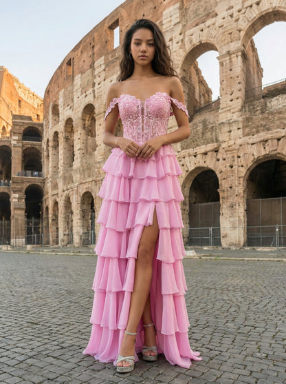 Pink Off-Shoulder Tiered Prom Dress | Lace Applique Ruffle Maxi Gown
