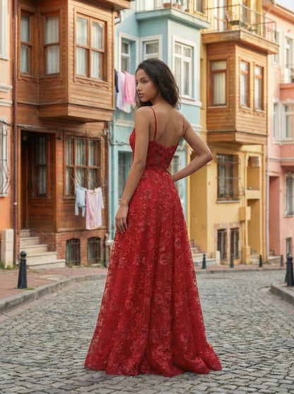 Red Spaghetti Strap Prom  Gown | A-Line Floral Embroidery Evening Dress