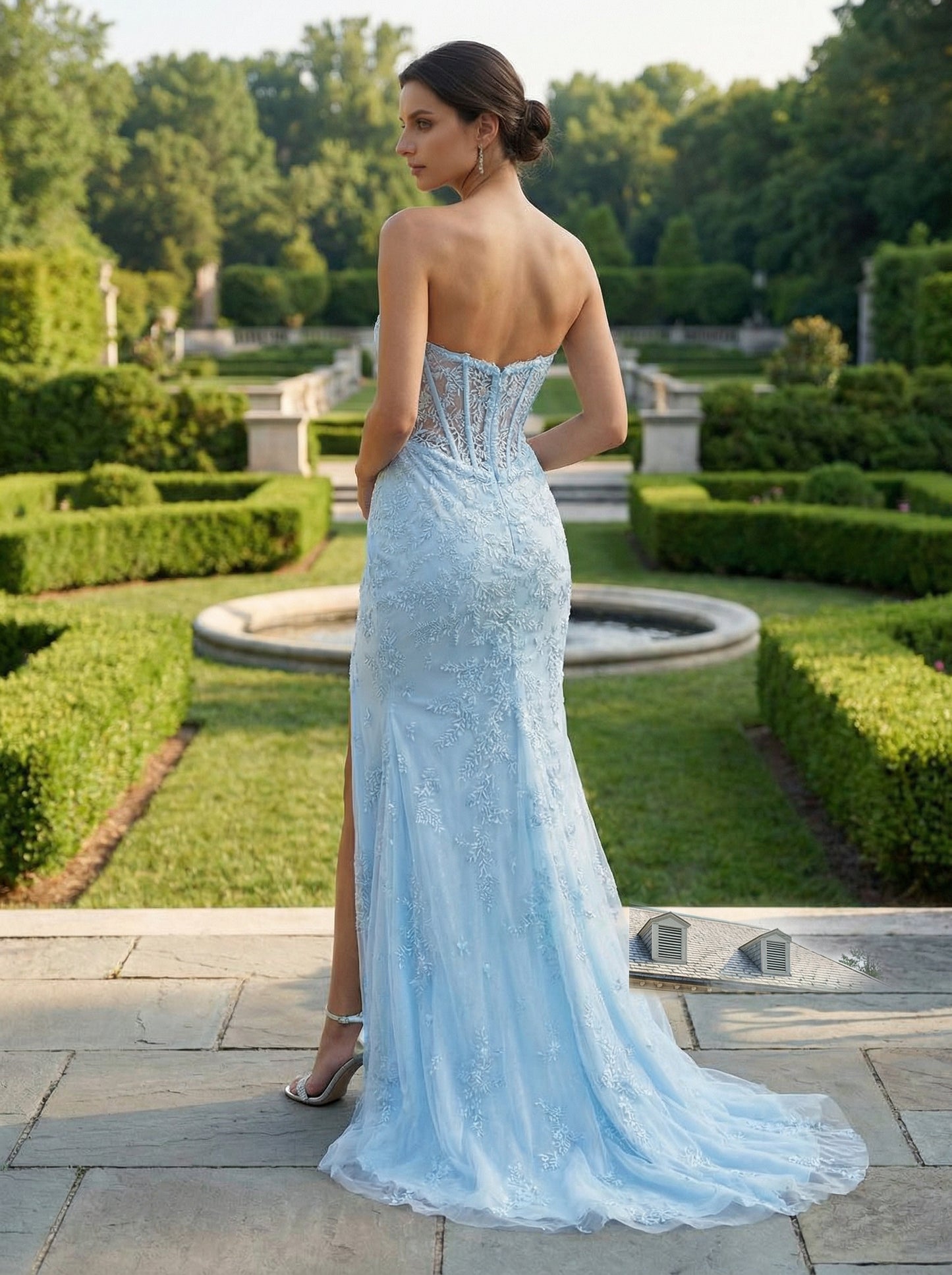 Sky Blue Strapless Mermaid Gown | Beaded Lace Prom Dress for Weddings & Galas