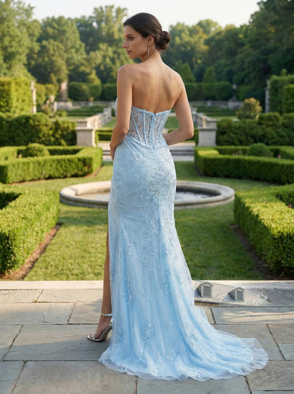 Sky Blue Strapless Mermaid Gown | Beaded Lace Prom Dress for Weddings & Galas