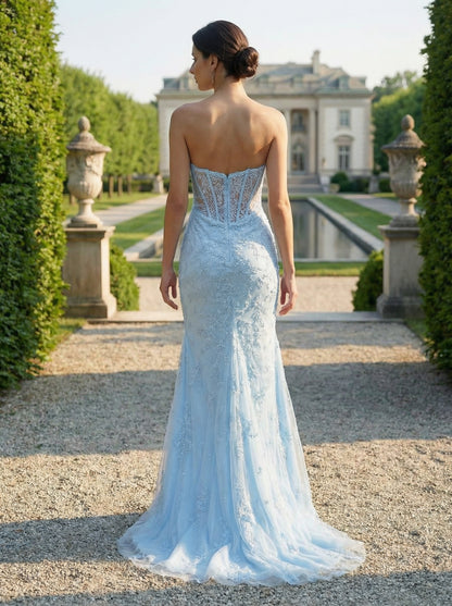 Sky Blue Strapless Mermaid Gown | Beaded Lace Prom Dress for Weddings & Galas