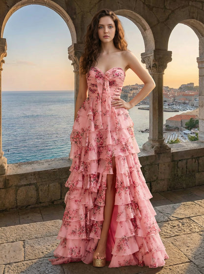 Pink Floral Strapless Tiered Gown | A-Line Ruffle Prom Maxi Dress