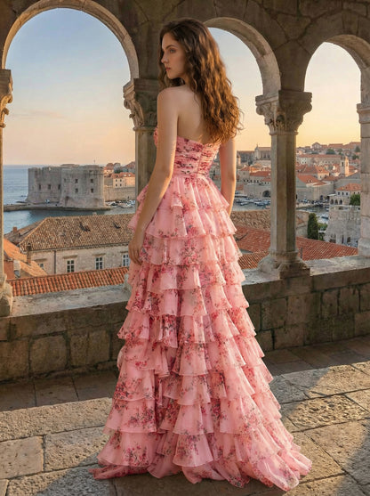 Pink Floral Strapless Tiered Gown | A-Line Ruffle Prom Maxi Dress