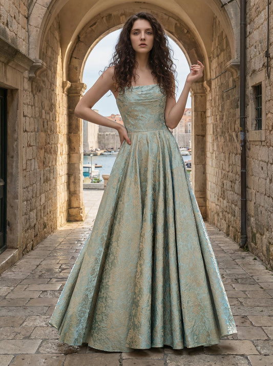 Strapless Mint Green Jacquard Ball Gown | Square Neck A-Line Prom Dress