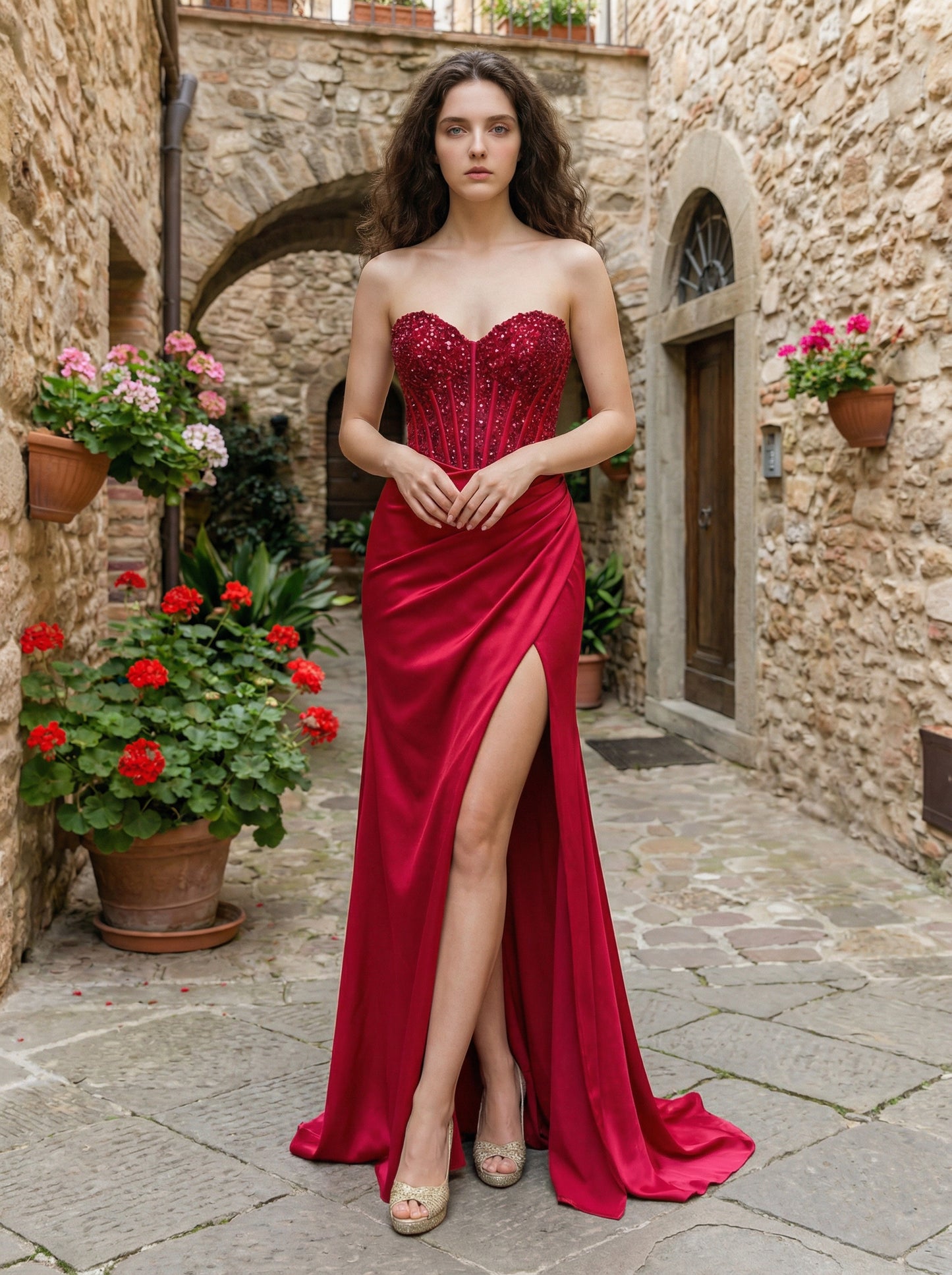 Slim Fit Red Satin Formal Dress | Crystals Sweetheart Neck Slit Prom Gown
