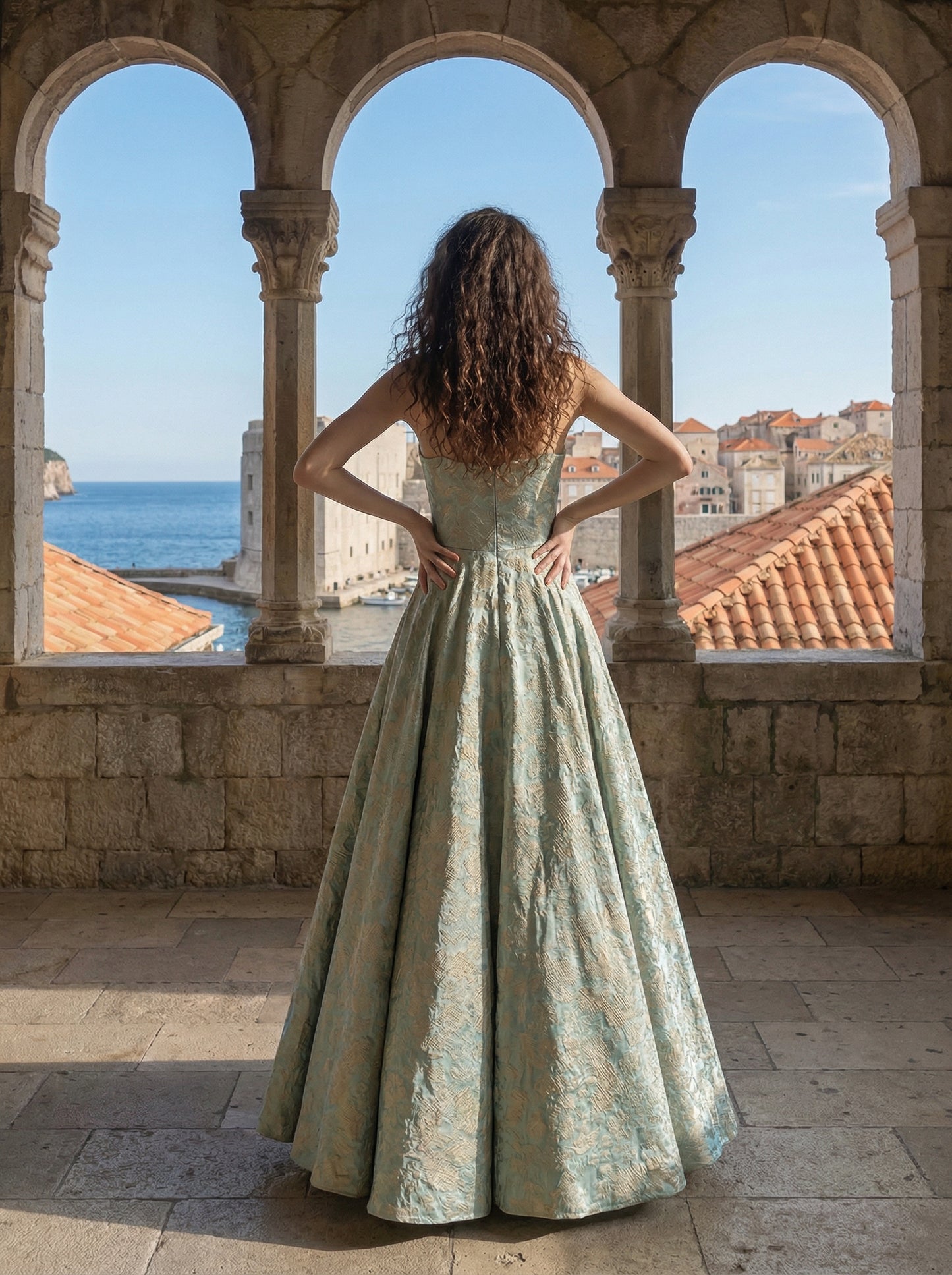 Strapless Mint Green Jacquard Ball Gown | Square Neck A-Line Prom Dress