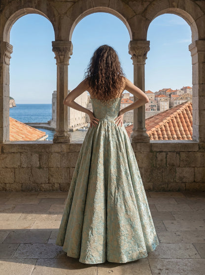 Strapless Mint Green Jacquard Ball Gown | Square Neck A-Line Prom Dress