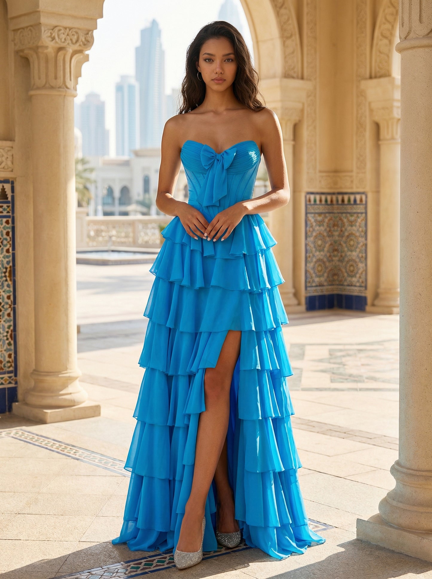 Bright Blue Strapless Tiered Gown | Chiffon Ruffle Prom Dress for Beach Weddings