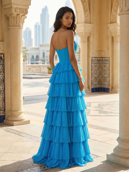 Bright Blue Strapless Tiered Gown | Chiffon Ruffle Prom Dress for Beach Weddings