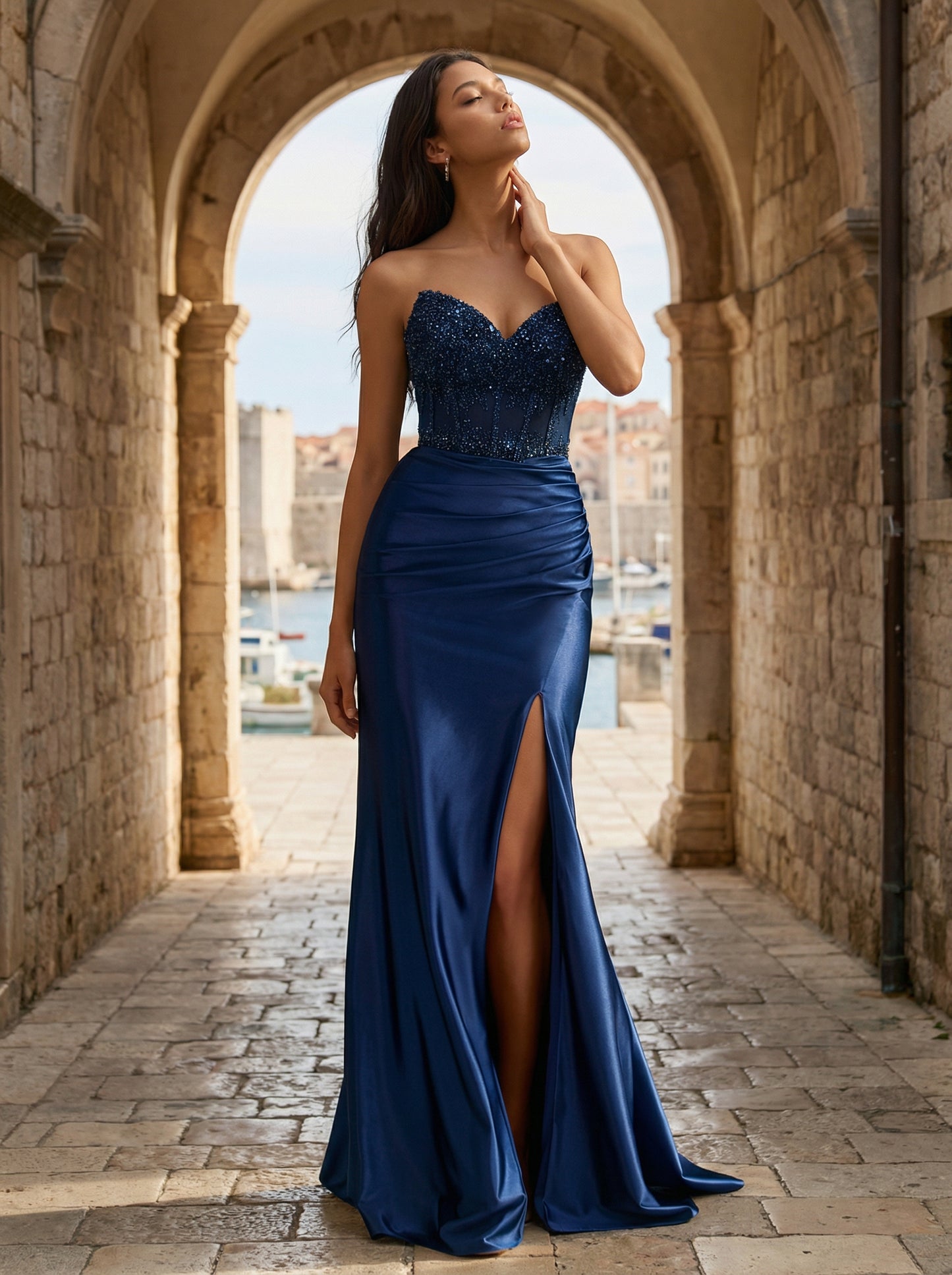Slim Fit Navy Blue Formal Gown | Sweetheart Neck Bridesmaid Dress for Galas