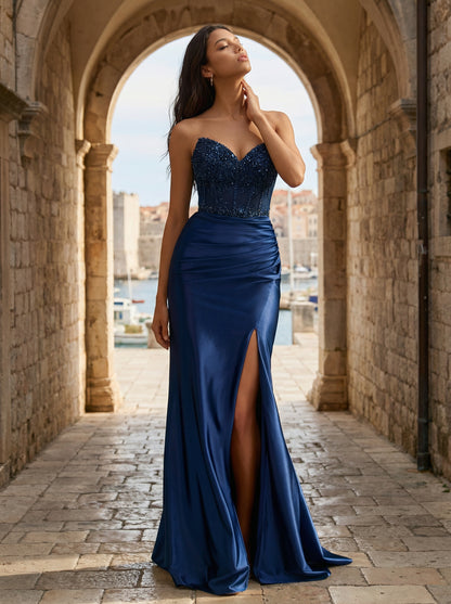 Slim Fit Navy Blue Formal Gown | Sweetheart Neck Bridesmaid Dress for Galas