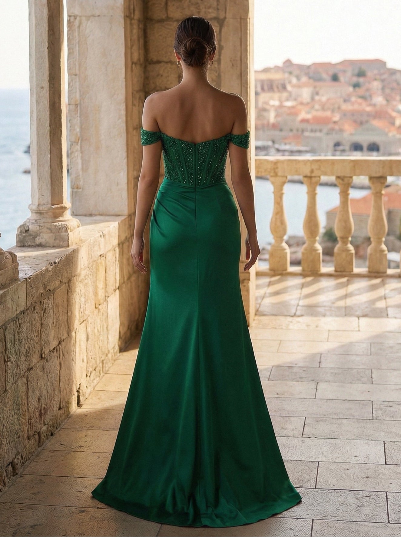 Emerald Green Off-Shoulder Slit Mermaid Gown | Beaded Lace Satin Prom Dress for Weddings