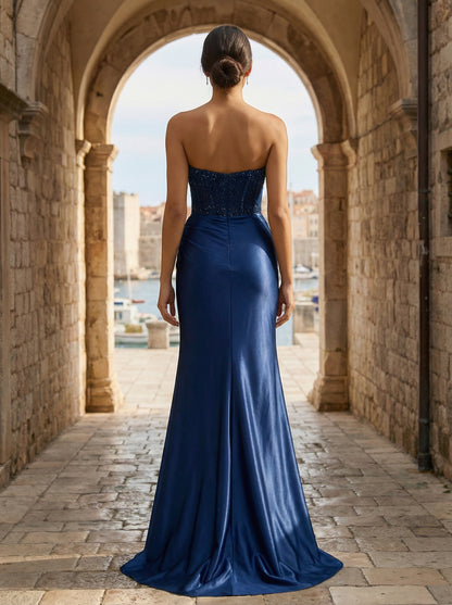 Slim Fit Navy Blue Formal Gown | Sweetheart Neck Bridesmaid Dress for Galas