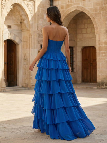 Royal Blue Strapless Tiered Prom Dress | Ruffled Chiffon Corset Evening Gown