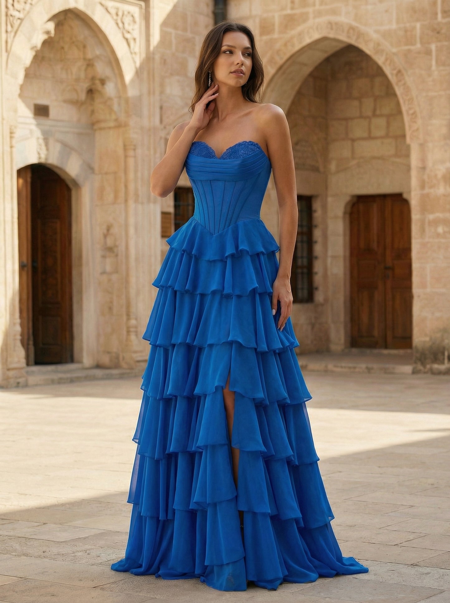 Royal Blue Strapless Tiered Prom Dress | Ruffled Chiffon Corset Evening Gown