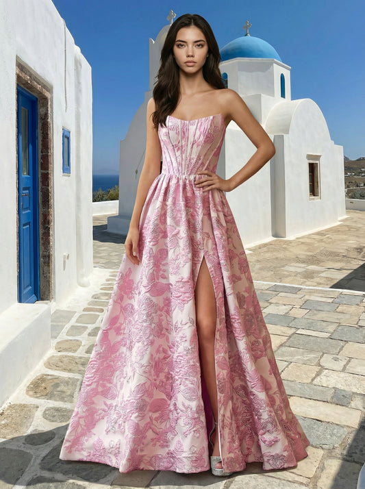 Pink Floral Jacquard Strapless Ball Gown | High Slit Formal Evening Dress