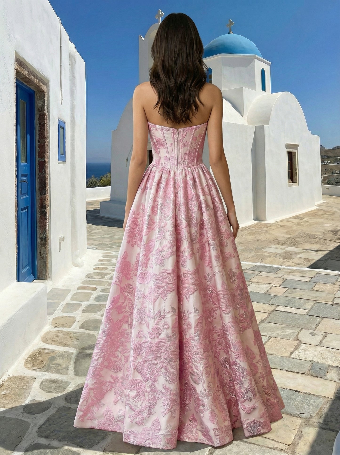 Pink Floral Jacquard Strapless Ball Gown | High Slit Formal Evening Dress