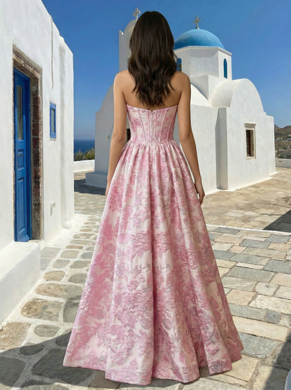 Pink Floral Jacquard Strapless Ball Gown | High Slit Formal Evening Dress