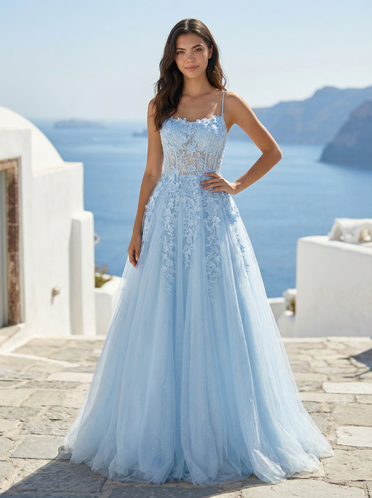 Elegant Light Blue Lace Prom Dress | Spaghetti Strap A-Line Ball Gown for Women
