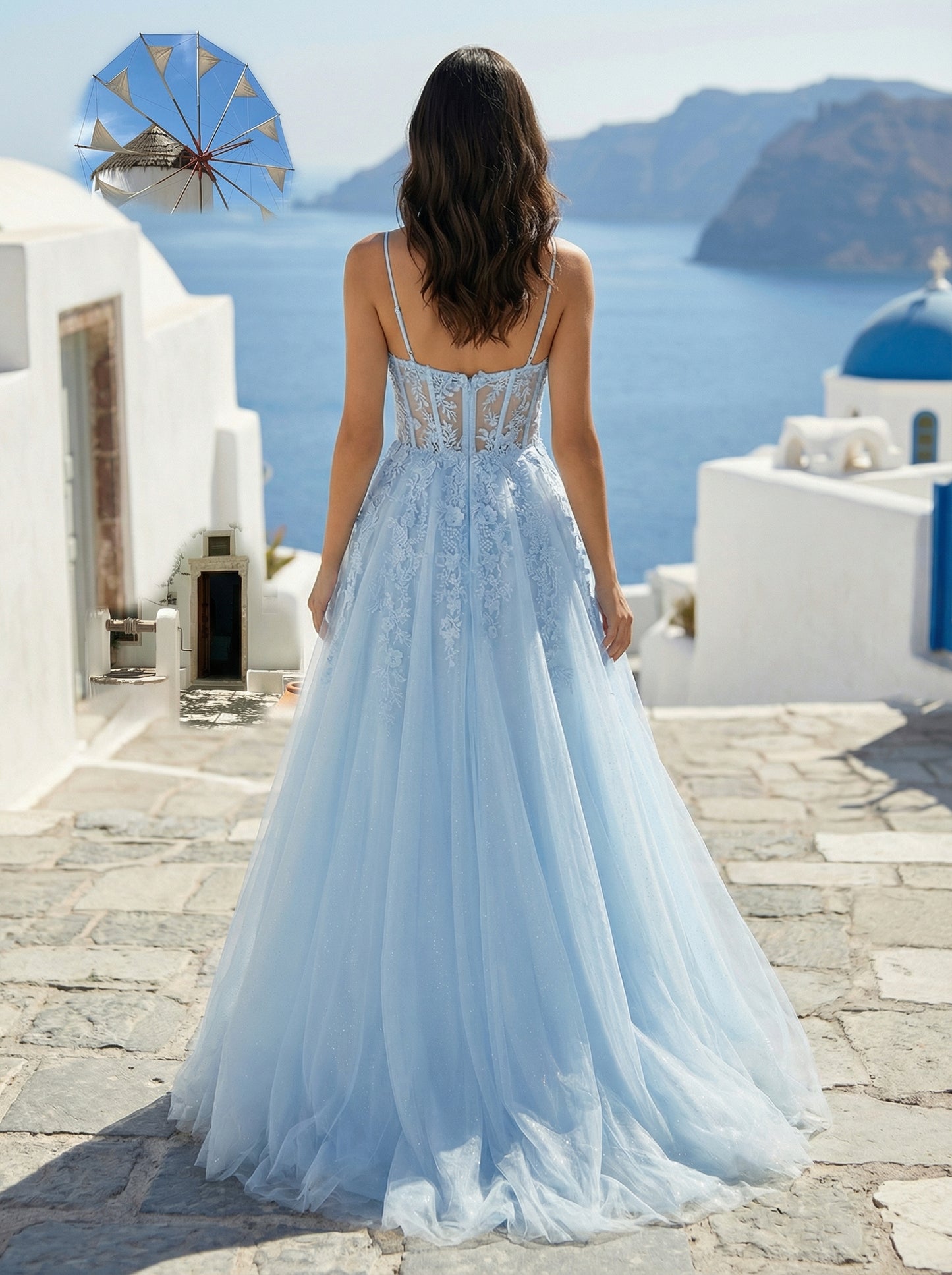 Elegant Light Blue Lace Prom Dress | Spaghetti Strap A-Line Ball Gown for Women