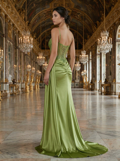 Olive Green Satin Prom Dress | Spaghetti Strap Lace Corset Gown with High Slit