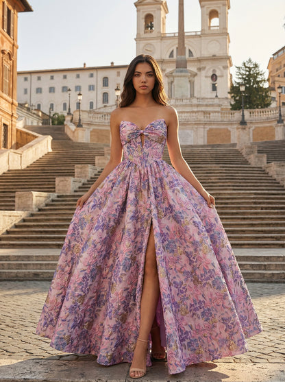 Romantic Pink Floral A-Line Gown | Strapless Bow Accent Formal Dress