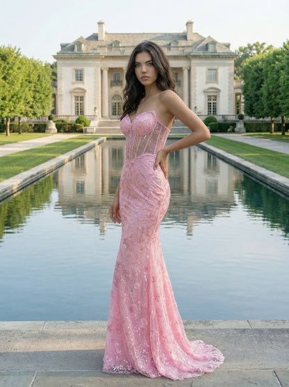 Pink Lace Sequin Mermaid Prom Dress | Sweetheart Neckline Corset Gown