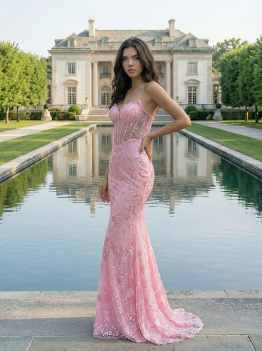 Pink Lace Sequin Mermaid Prom Dress | Sweetheart Neckline Corset Gown
