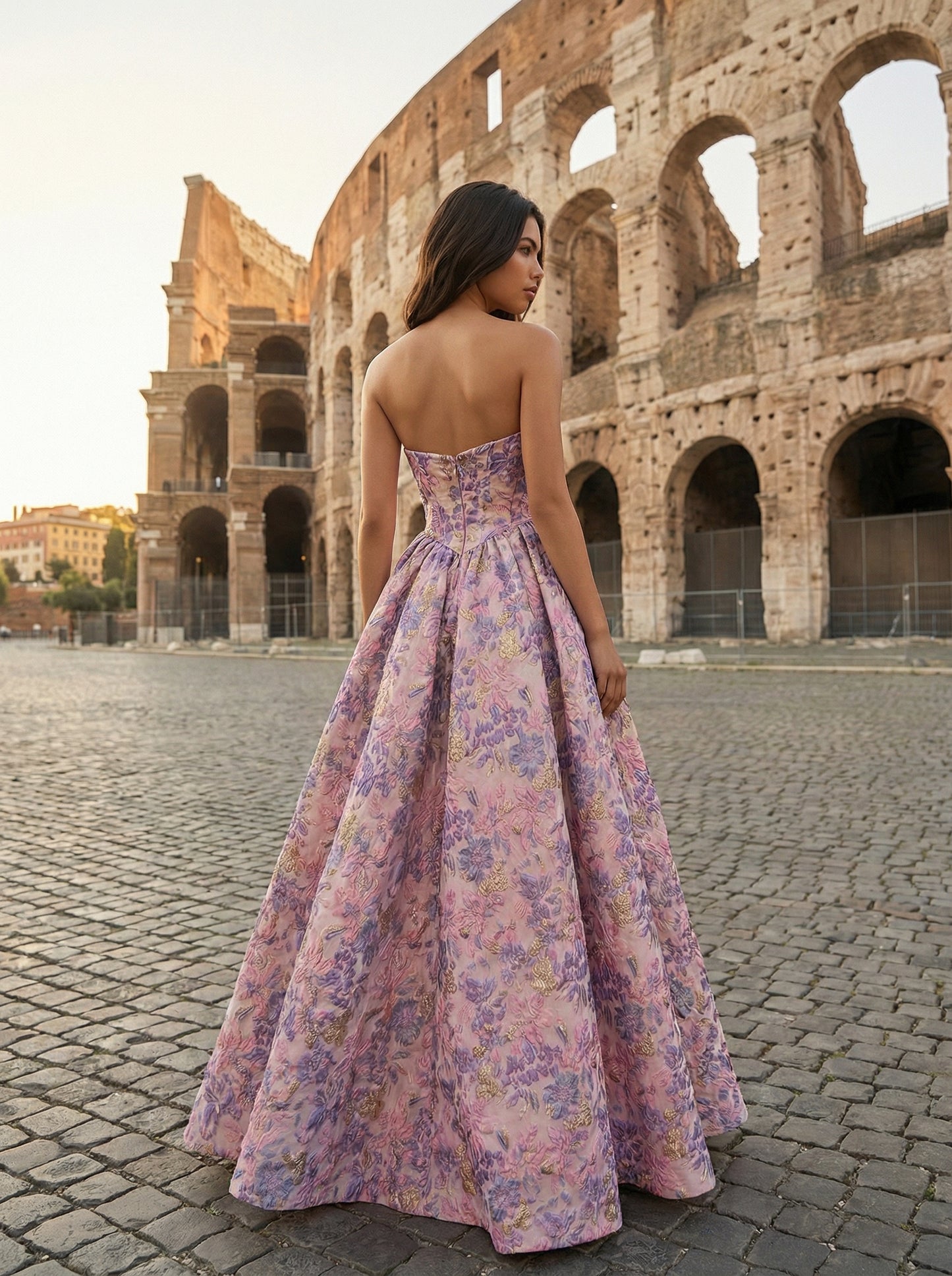 Romantic Pink Floral A-Line Gown | Strapless Bow Accent Formal Dress
