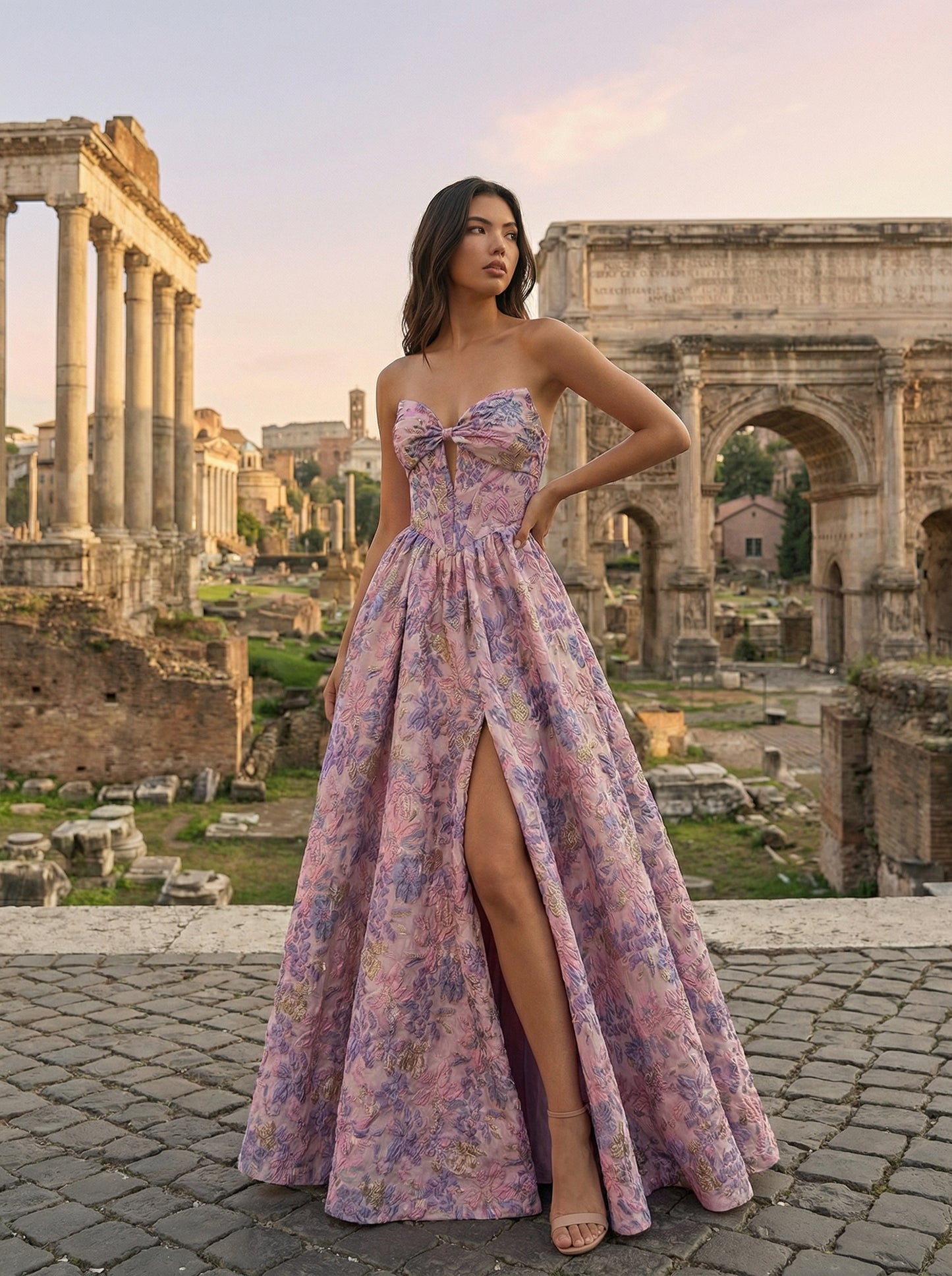 Romantic Pink Floral A-Line Gown | Strapless Bow Accent Formal Dress