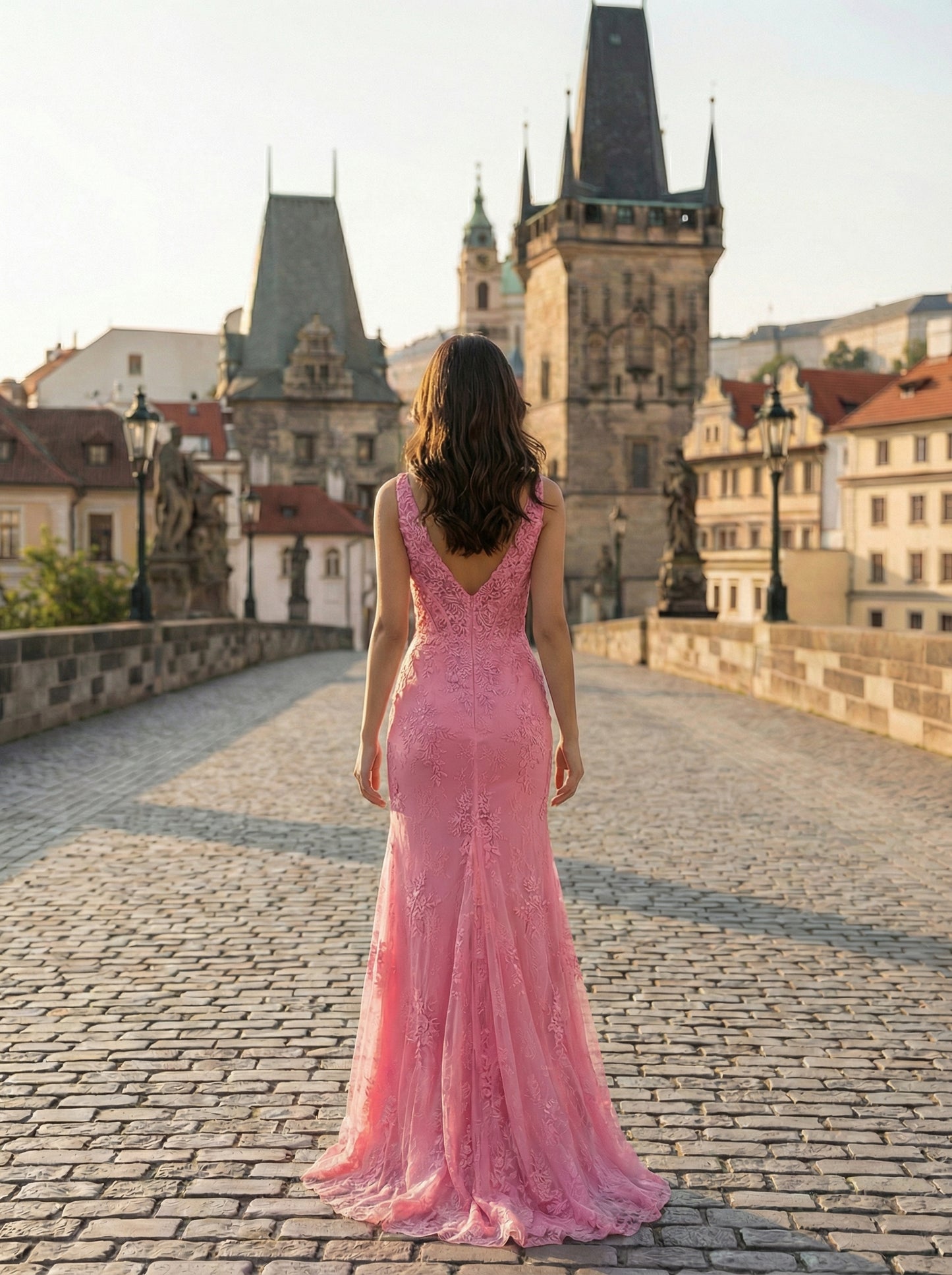 Romantic Pink Lace Evening Gown | Sleeveless Formal Dress with Court Train