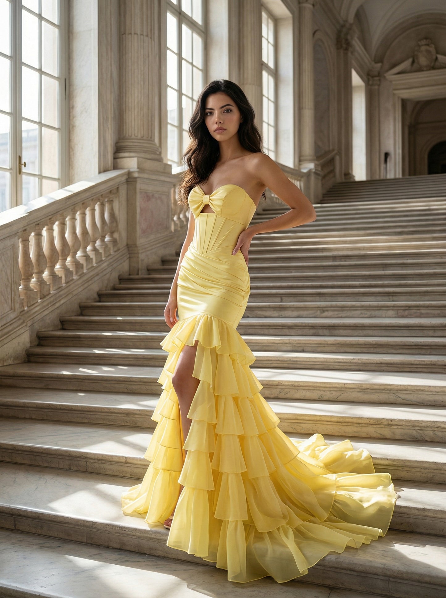 Yellow Strapless Mermaid Gown | Tiered Ruffle Prom Dress with Cutout Detail
