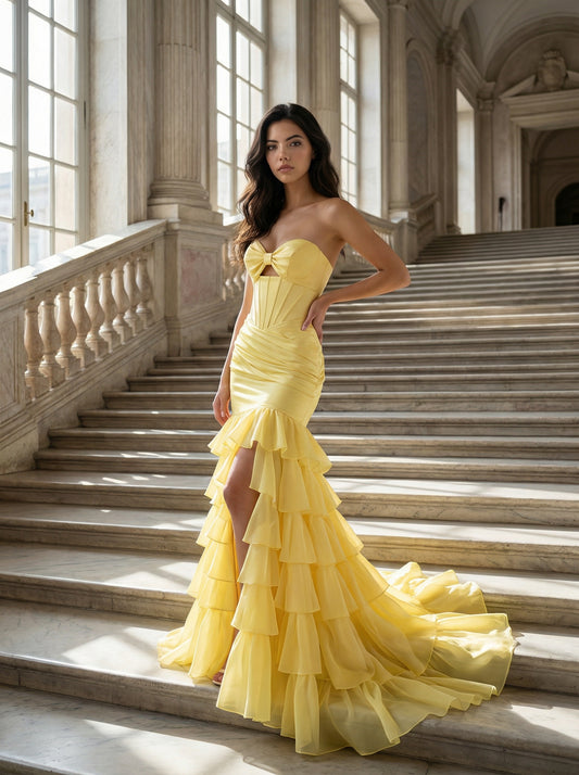 Yellow Strapless Mermaid Gown | Tiered Ruffle Prom Dress with Cutout Detail