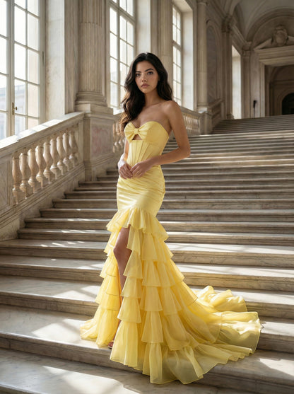 Yellow Strapless Mermaid Gown | Tiered Ruffle Prom Dress with Cutout Detail