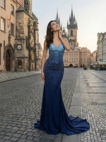 Ombre Blue Beaded Mermaid Gown | V-Neck Prom Dress with Court Train